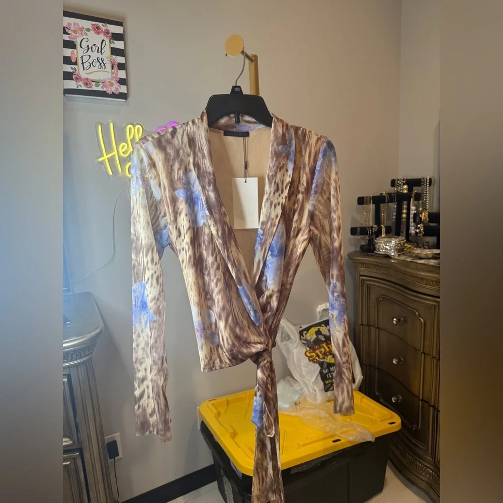Zara Brown Animal Print Wrap around Blouse with Blue Floral Details - Picture 11 of 16